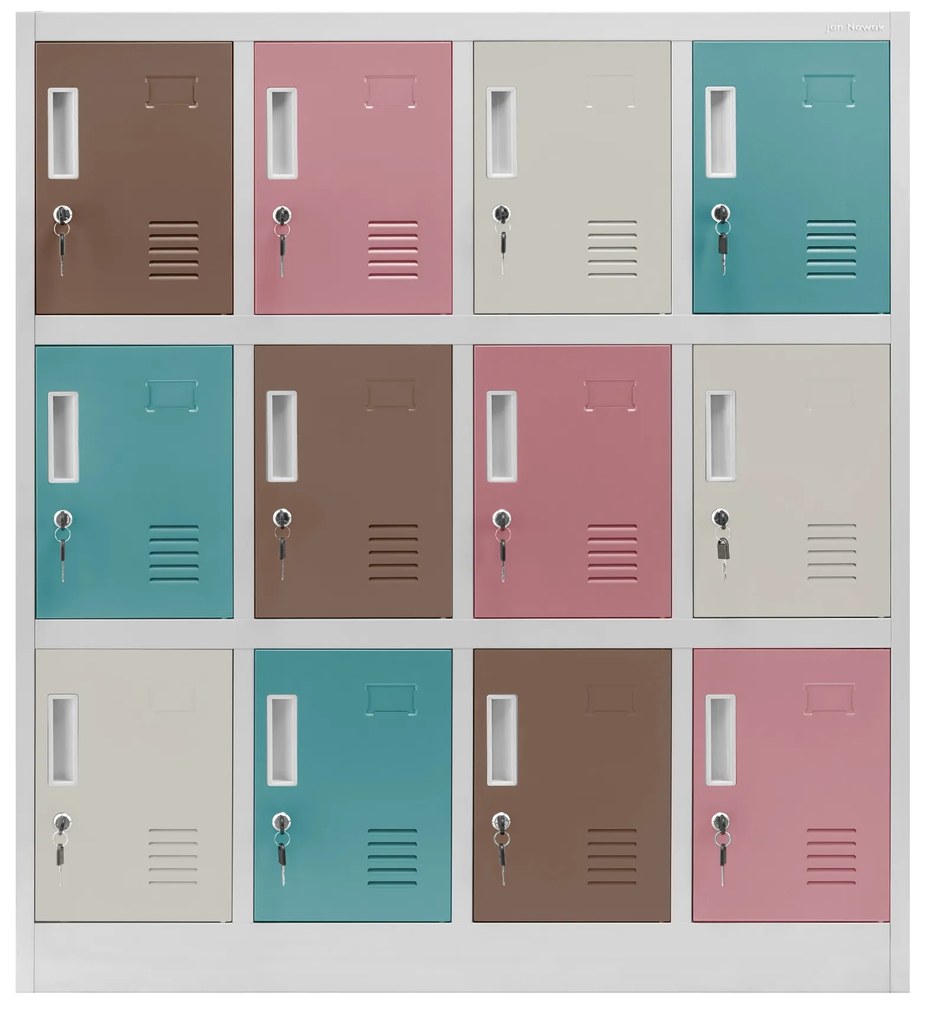 Metalowa szafka do szatni i przedszkola OLA, 1090 x 1200 x 450 mm, szaro-pastelowa