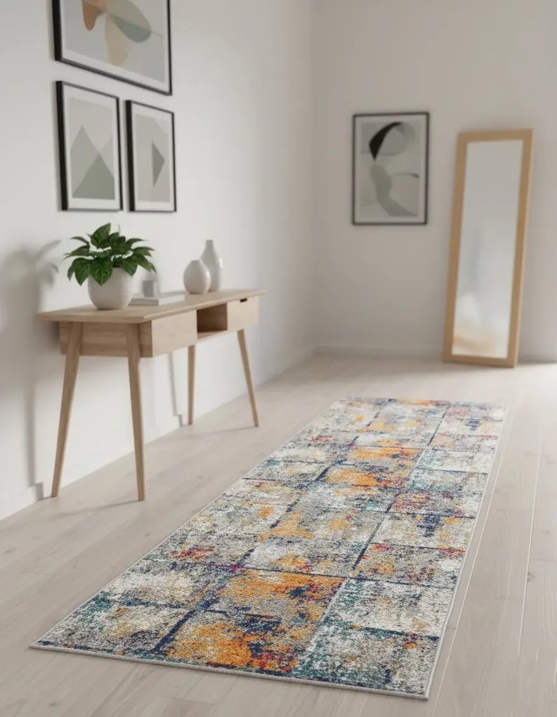 Szaro-kolorowy chodnik w nowoczesną kratkę W7-N50