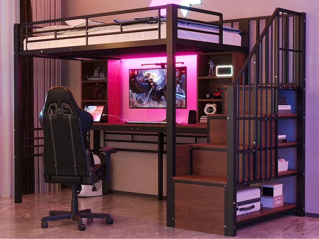 Łóżko na antresoli 90 x 200 cm - z półkami - z biurkiem - z gniazdkiem elektrycznym - z oświetleniem LED - z drabiną - czarny​ (materac nie jest wliczony w cenę)