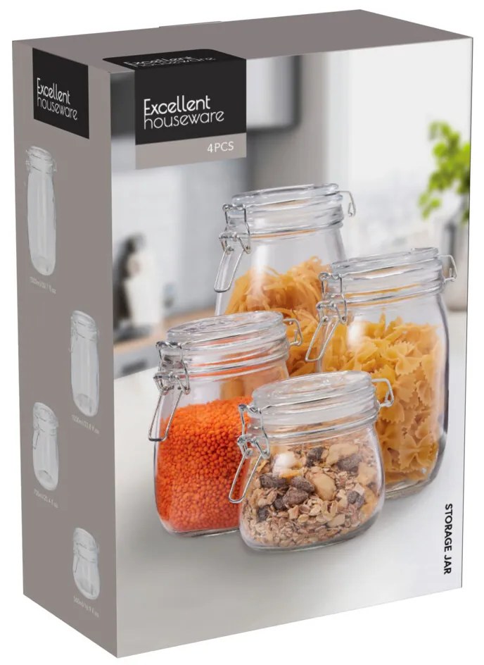 Szklane słoiki z klipsem RESO, 4 sztuki