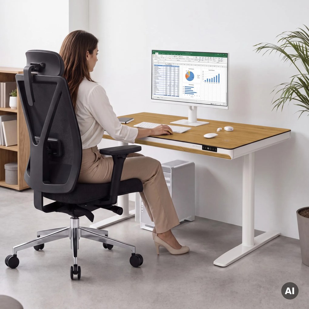 Biurko elektryczne sit-stand z szufladą i ładowarką bezprzewodową Qi białe/złoty dąb, 1200 mm: ELLIS