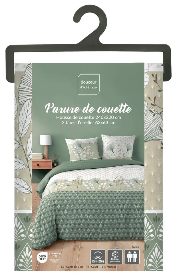 Biało-zielona bawełniana pościel dwuosobowa 240x220 cm Poetine – douceur d'intérieur