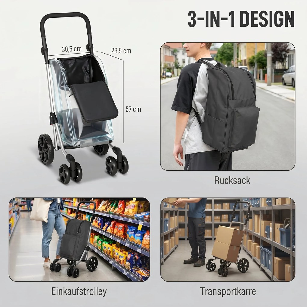 HOMCOM Wózek na zakupy, torba 46 l, składany wózek z kieszenią chłodzącą, regulowany uchwyt, rama aluminiowa, ciemnoszary | Aosom PL