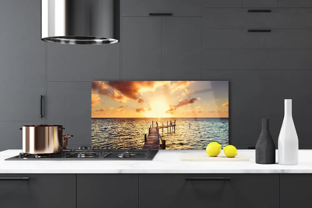 Szkło do Kuchni na Ścianę Drewniany Pomost o Zmierzchu