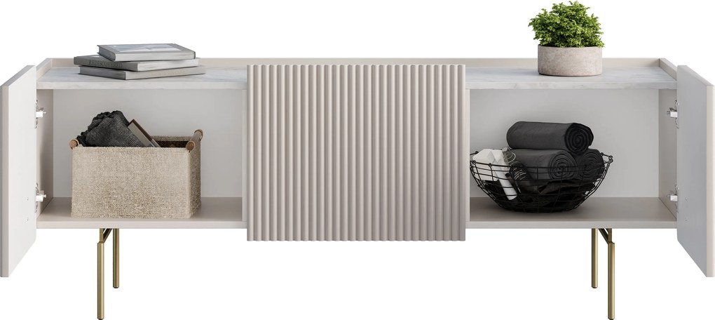Szafka RTV Malmi 150 cm - kaszmir / crema bianca / złote nóżki