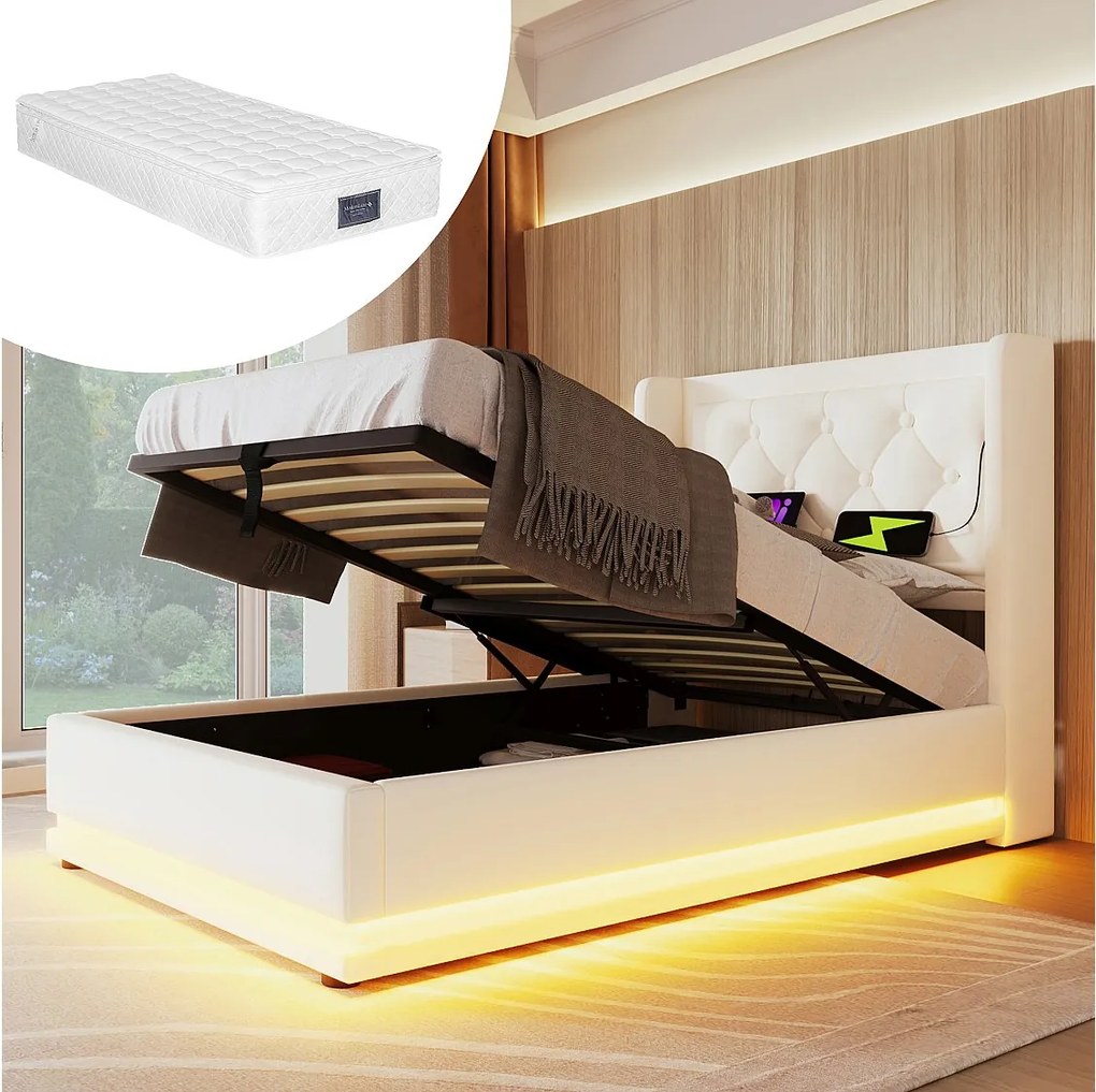 Łóżko tapicerowane dziecięce ze schowkiem - 90 x 200 cm - Materac + Leds + Zagłówek z USB - Skóra ekologiczna - Biały