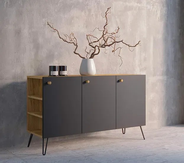 Komoda z nóżkami typu hairpin legs lewostronna dąb craft + czarny - Zorina 7X