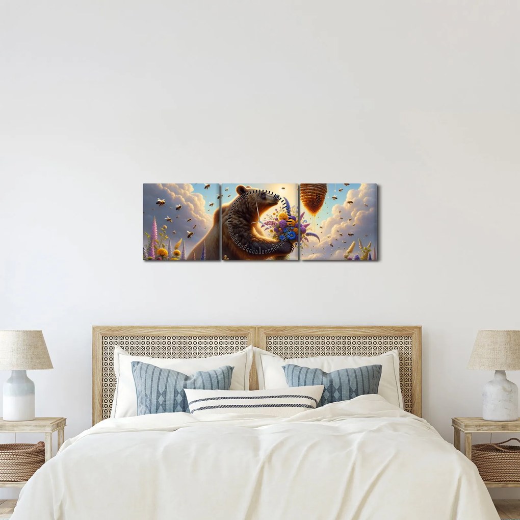 Obraz - Niedźwiedź i pszczoły (z zegarem) (90x30 cm)