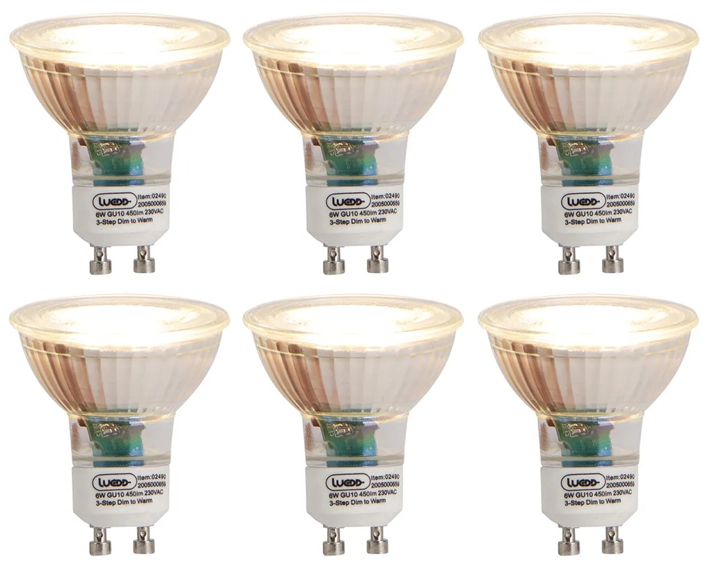 Zestaw 6 żarówek LED GU10 3-stopniowe ściemnianie do ciepłego światła 6W 450lm 2000K - 2700K