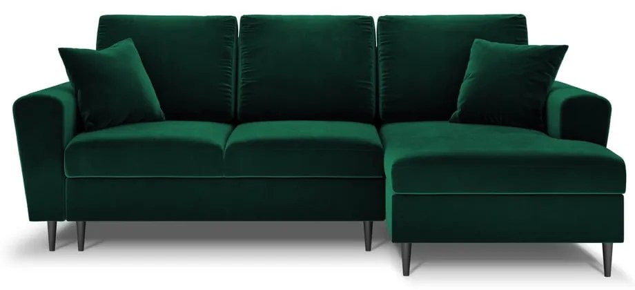 Zielony aksamitny rozkładany/ze schowkiem narożnik (prawostronny/z szezlongiem) Kyoto – Cosmopolitan Design