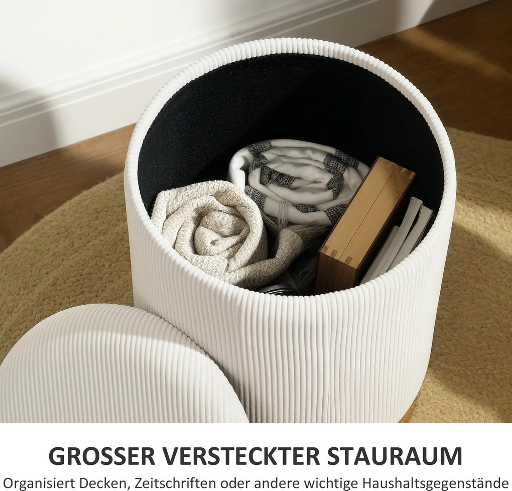 HOMCOM Puf z miejscem do przechowywania, składany puf z pokrywką, podstawa ze stali, okrągły puf 36 x 36 x 44 cm Kremowy