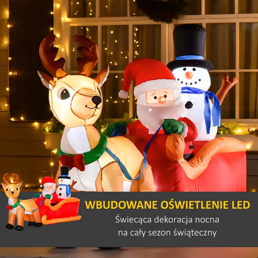 HOMCOM nadmuchiwana dekoracja świąteczna z saniami i bałwanem, oświetlenie LED, odporna na warunki pogodowe, poliester 200 x 80 x 128 cm | Aosom PL