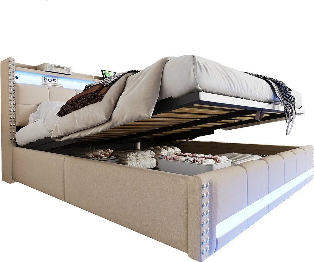 Podwójne tapicerowane łóżko ze schowkiem - 180 x 200 cm - z diodami LED + USB + zagłówek ze schowkiem - len + metal + sklejka + MDF - beżowy