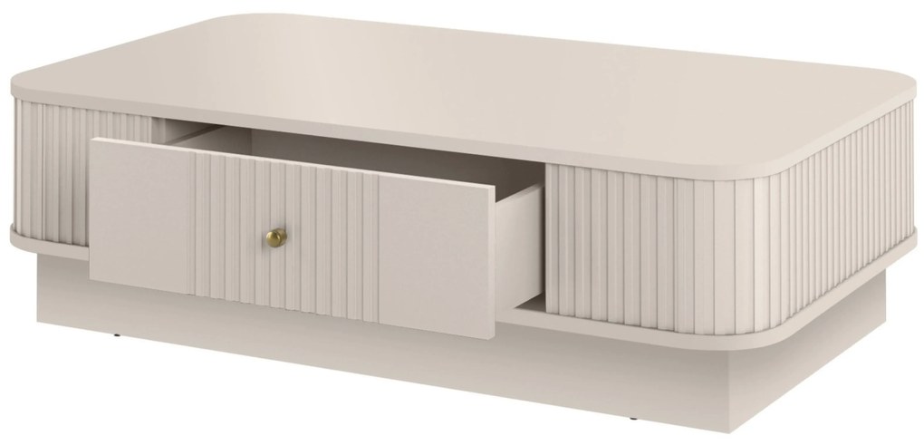 Stolik kawowy z szufladą Vesper 103x60 cm na cokole - kaszmir / złoty uchwyt