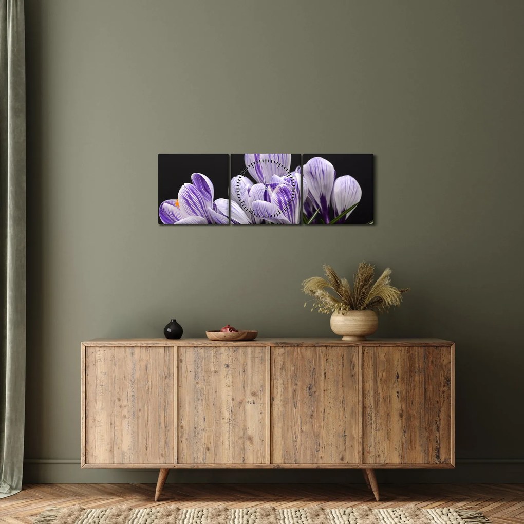 Obraz - Fioletowe krokusy (z zegarem) (90x30 cm)