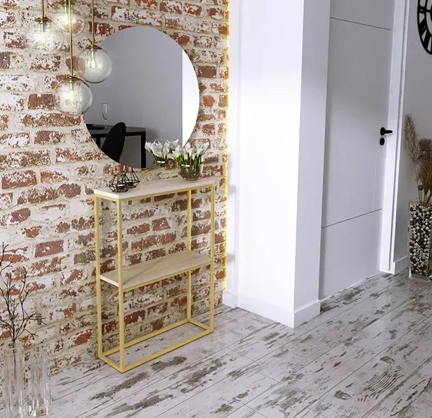 Konsola W Stylu Glamour Z Półkami Złoty + Dąb Sonoma G6-L66