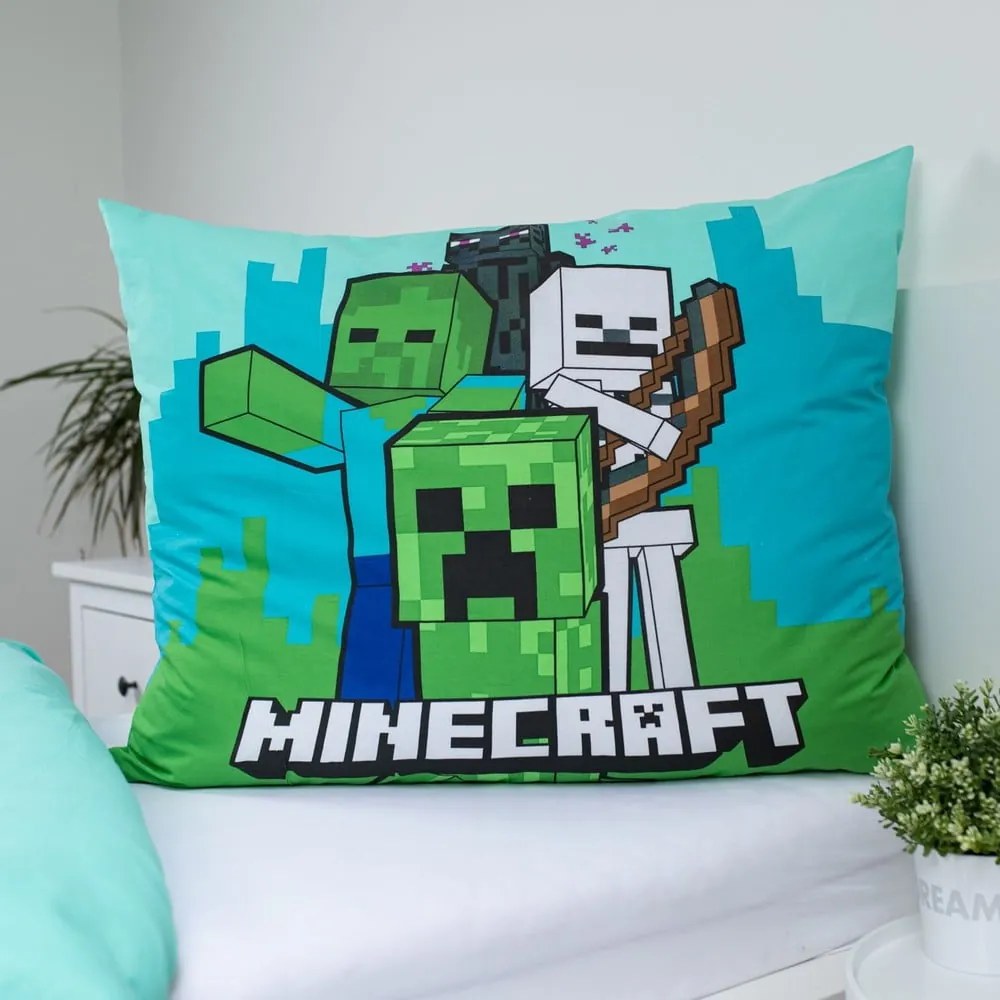 Zielono-niebieska bawełniana pościel dziecięca jednoosobowa 140x200 cm Minecraft "Mobs Here" – Jerry Fabrics