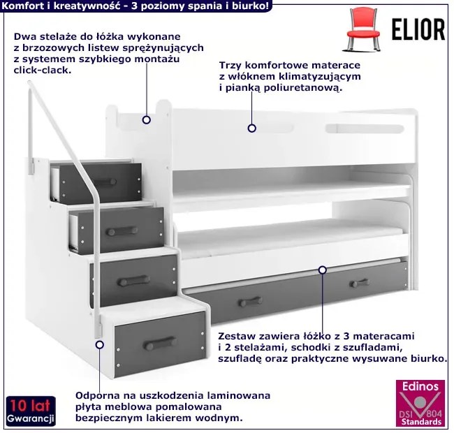 Biało-grafitowe piętrowe łóżko z biurkiem i wysuwaną szufladą Z8-F32
