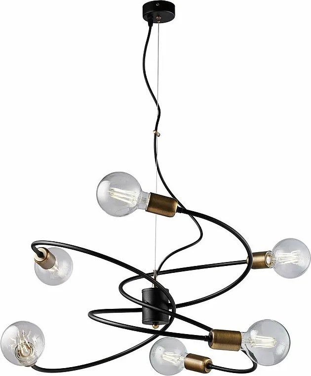 Lampa wisząca Vortex w kolorze czarnym, wykończenie w szczotkowanym mosiądzu, regulowany kabel stalowy, 6 lamp o średnicy 55 cm, elegancki wygląd