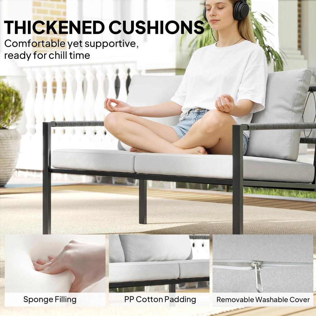 Outsunny Zestaw Mebli Ogrodowych dla 4 Osób, Balkonowy Zestaw Mebli z Dwuosobową Sofą, Fotelem, Poduszkami, Stolikami, Jasnoszary | Aosom PL