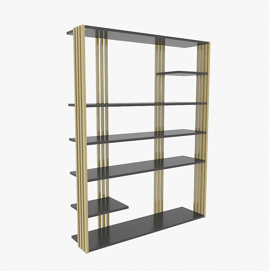 Elegancki regał w kolorze antracytowo-złotym, 120 x 160 x 29,6 cm | Płyta wiórowa pokryta melaminą w 100%, grubość 18 mm | Nowoczesne rozwią