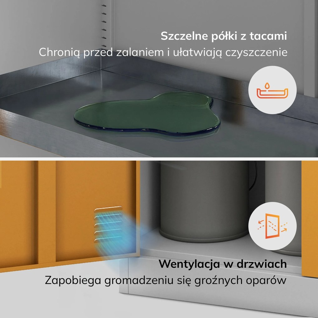 Szafa na chemikalia z wentylacją i tacami ociekowymi szaro-żółta, 900x1850x400 mm: MARIA