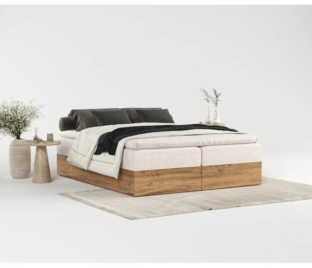 Beżowo-naturalne łóżko boxspring ze schowkiem 140x200 cm Faro – Maison de Rêve