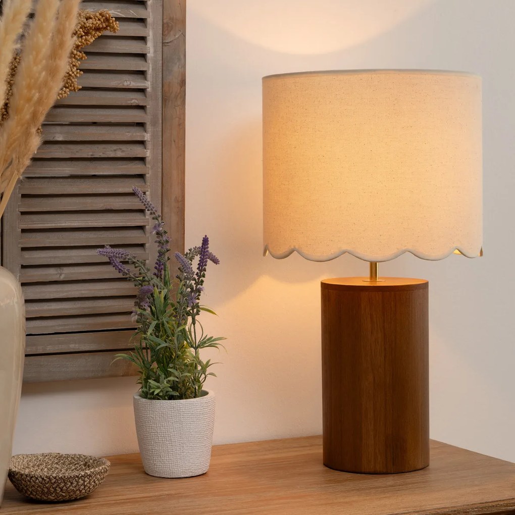 Lampa stołowa z białym abażurem VANIA, drewniana podstawa, Ø 28 cm