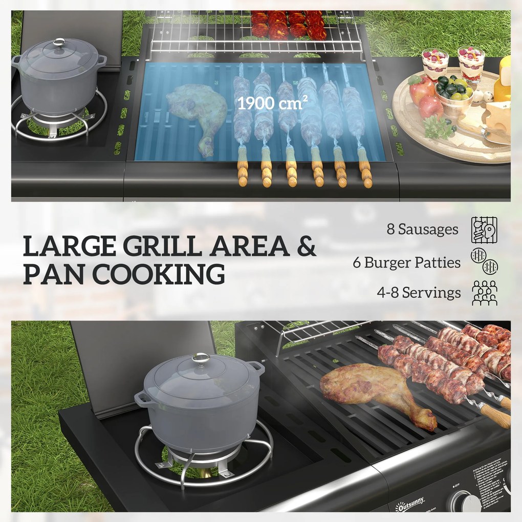 Outsunny Mobilny grill gazowy z przestrzenią do przechowywania, bocznym stołem, palnikiem bocznym, rusztem do podgrzewania, termometrem, ze stali nierdzewnej, czarny