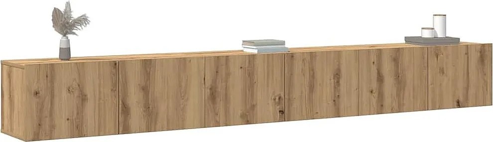 Zestaw 3 ręcznie wykonanych szafek RTV z dębu z LED, 6 przegródek, trwałe drewno inżynieryjne, oszczędzający miejsce design