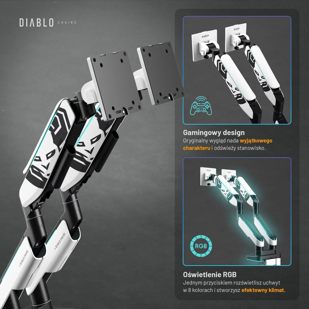 Uchwyt regulowany na 2 monitory 35 cali RGB Diablo X-Arm Dual, biało-czarny
