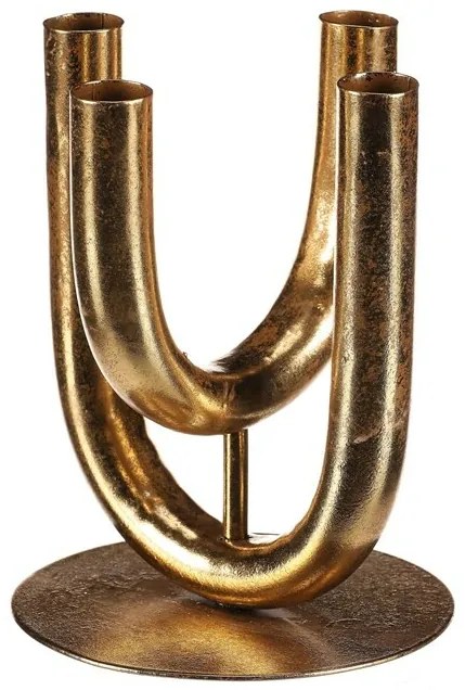 Metalowy świecznik 4 ramienny. Na świece stożkowe,złoty, 14 x 14 x 18 cm