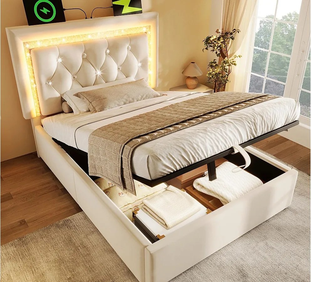 Łóżko tapicerowane ze schowkiem 90x200cm z weluru - z oświetleniem LED - z portami USB i Type-C - z stelażem lamelowym - Beżowy (bez materaca)