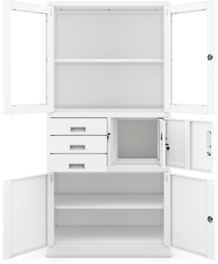 Szafa biurowa metalowa z sejfem, szklane drzwi, biała, 900x1850x400 mm: FILIP