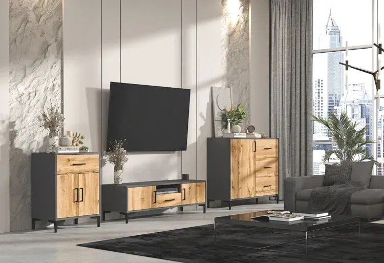 Dwudrzwiowa Komoda Z Szufladą Antracyt + Dąb Wotan G4-P81