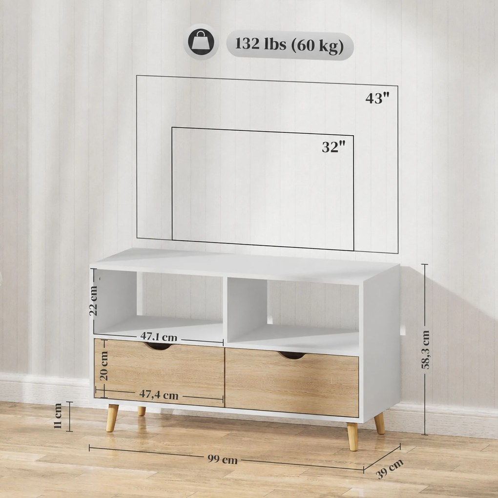 HOMCOM Szafka RTV z szufladami, Otwarci Półki, drewno, 99 x 39 x 58 cm, Biały