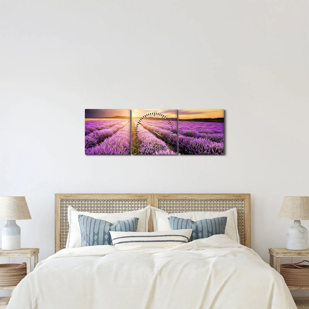 Obraz - Wschód słońca na polu lawendy (z zegarem) (90x30 cm)