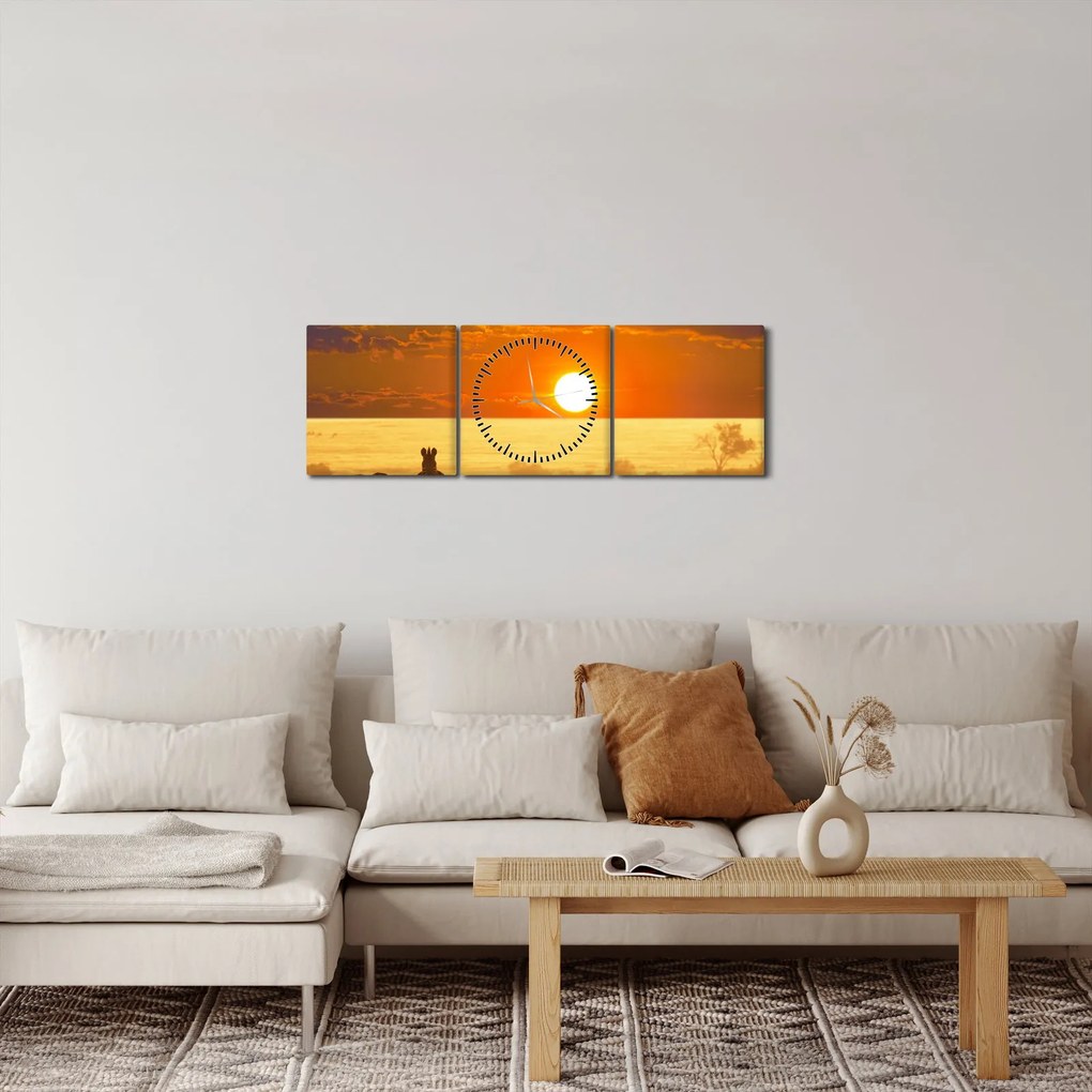 Obraz - Zebry z zachodem słońca (z zegarem) (90x30 cm)