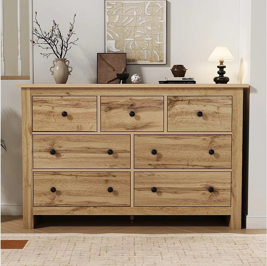 Nowoczesny kredens z 7 szufladami - 152 x 40 x 89 cm - Płyta wiórowa - do jadalni - Kolor drewna