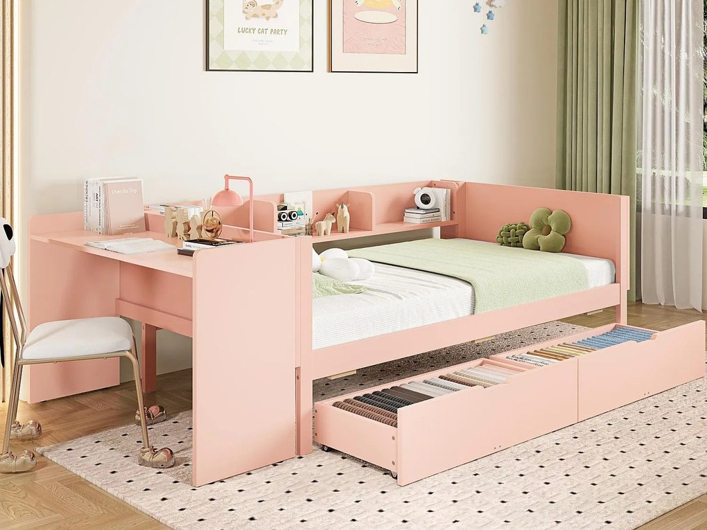 Łóżko proste dla dziecka 90x200 cm - z biurkiem - z 2 szufladami - z półkami - drewno lite - różowe (bez materaca)