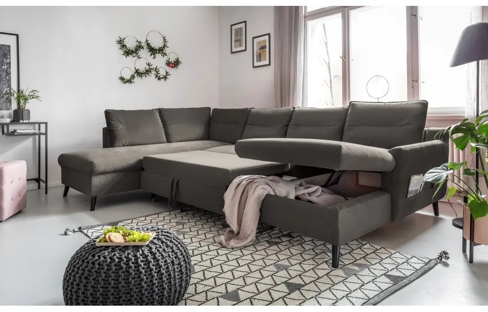 Ciemnoszara aksamitna rozkładana sofa w kształcie litery "U" Miuform Stylish Stan, lewostronna