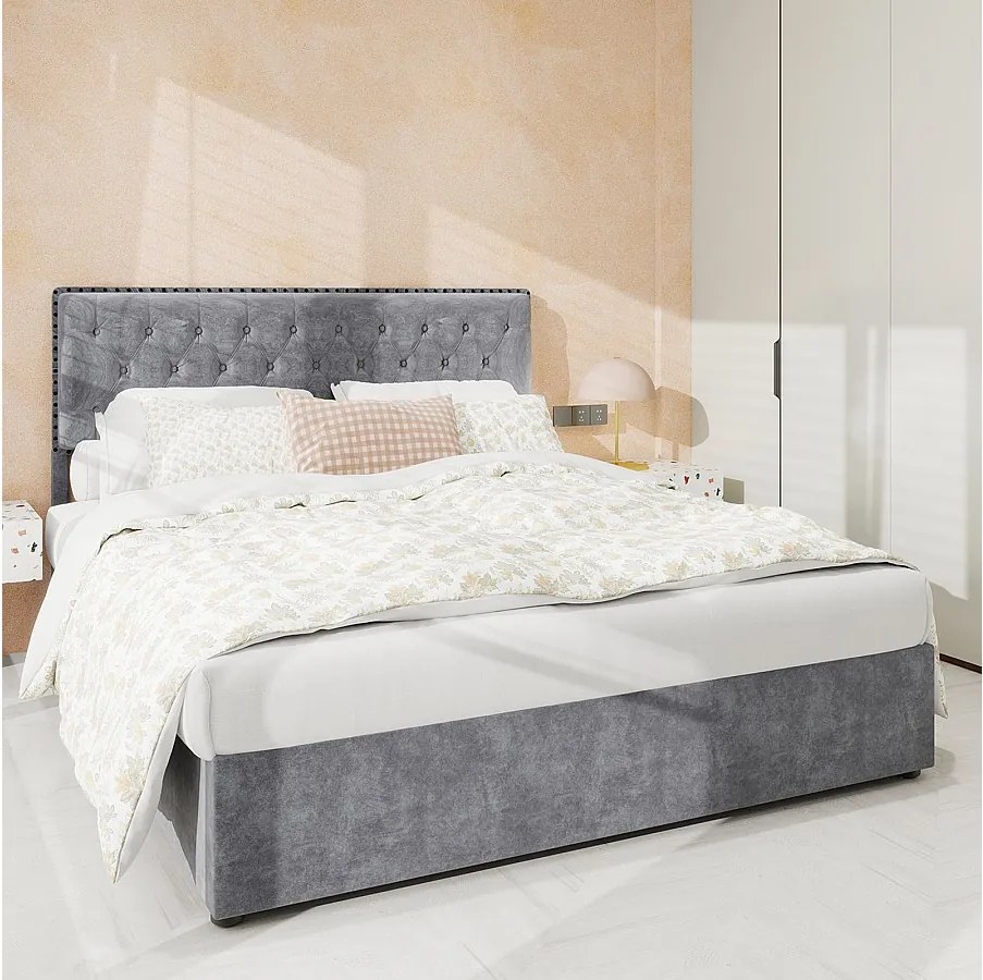 Łóżko z pojemnikiem 140 x 200 cm - Łóżko podwójne z miękkim zagłówkiem i pojemnikiem - szary aksamit - materac nie jest wliczony w cenę