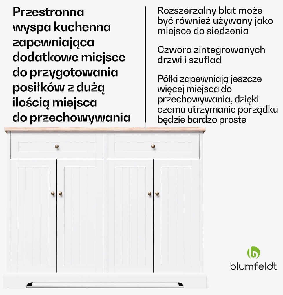 Blumfeldt Etsu, wyspa kuchenna, wysuwany blat, 2 szuflady, 4 drzwiczki, może być używany jako stół jadalny, miejsce do przechowywania, łatwe czyszczenie