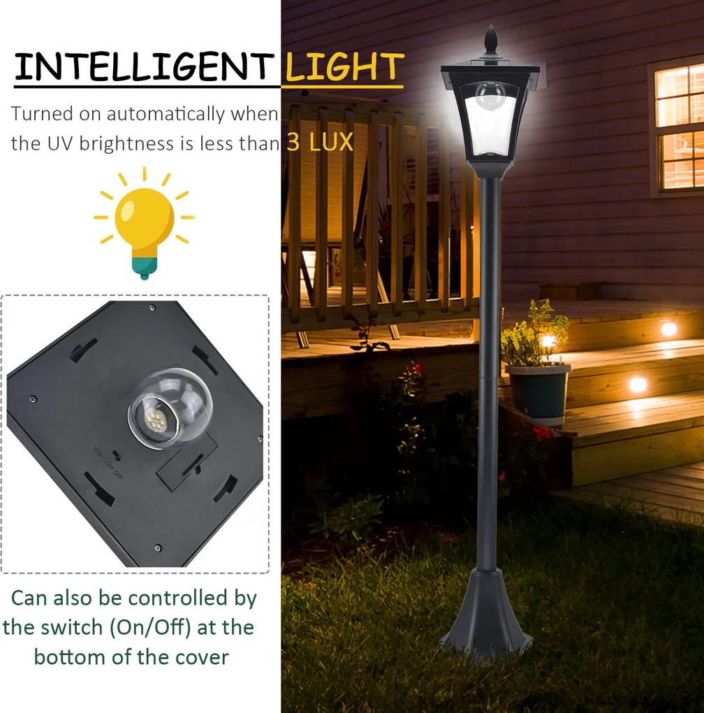 Outsunny Solarna Latarnia Ogrodowa LED Oświetlenie Chodnikowe 40 Lumenów Czarna 18x18x160cm | Aosom PL