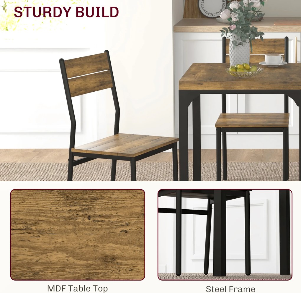 HOMCOM Zestaw Stołowy 3-częściowy, Stolik i 2 Krzesła, MDF+Metal, Brązowy