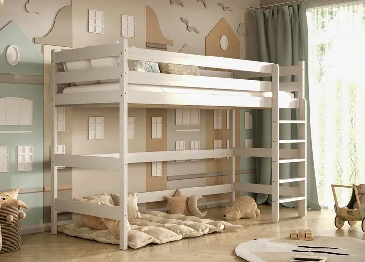 Białe drewniane łóżko jednoosobowe z antresolą - 5 rozmiarów N7-Z21