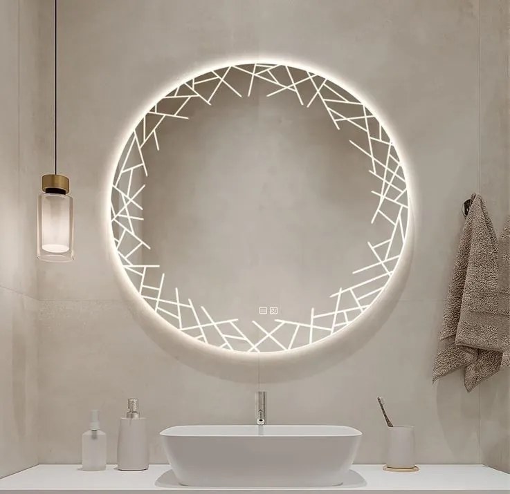 LUSTRO OKRĄGŁE LED FI60cm WZÓR  J02 WŁĄCZNIK DOTYKOWY PIASKOWANE ŁAZIENKOWE Z PODŚWIETLENIEM