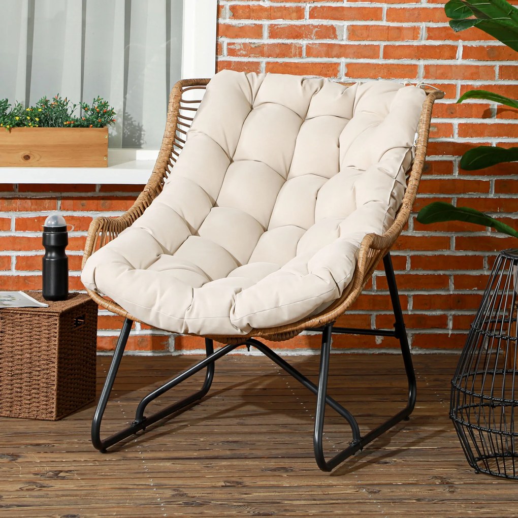 Outsunny Fotel ogrodowy, imitacja rattanu, Fotel na zewnątrz, z poduszką, Rama metalowa, 75x101x90 cm, Naturalny/Khaki/Czarny