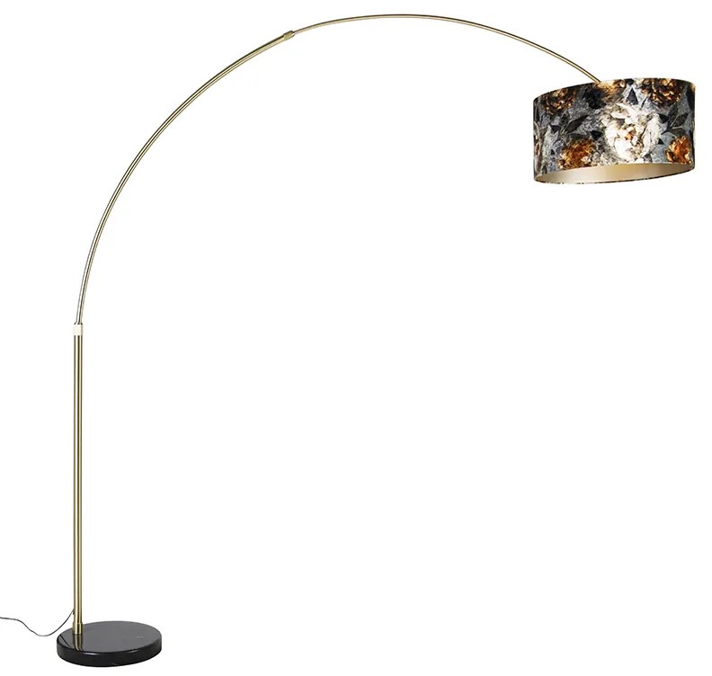 Luk Lampa łukowa mosiężna z czarnym abażurem w kwiatowy wzór 50 cm - XXL klasyczny/Antyczny Oswietlenie wewnetrzne