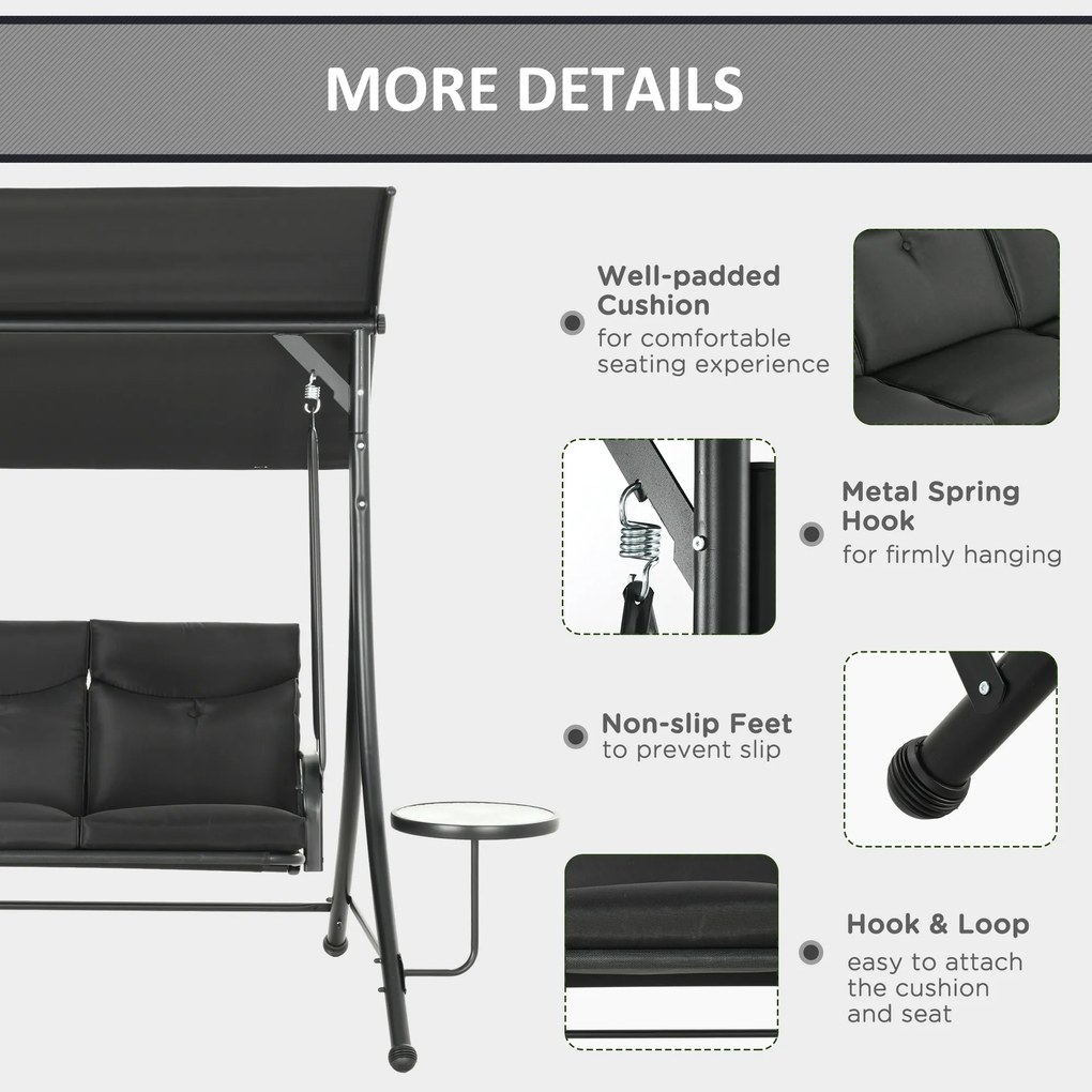 Outsunny Huśtawka Hollywood, Ławka Huśtawkowa, 3-osobowa Huśtawka Ogrodowa z Regulowanym Daszkiem, 278 x 125 x 177 cm, Czarna